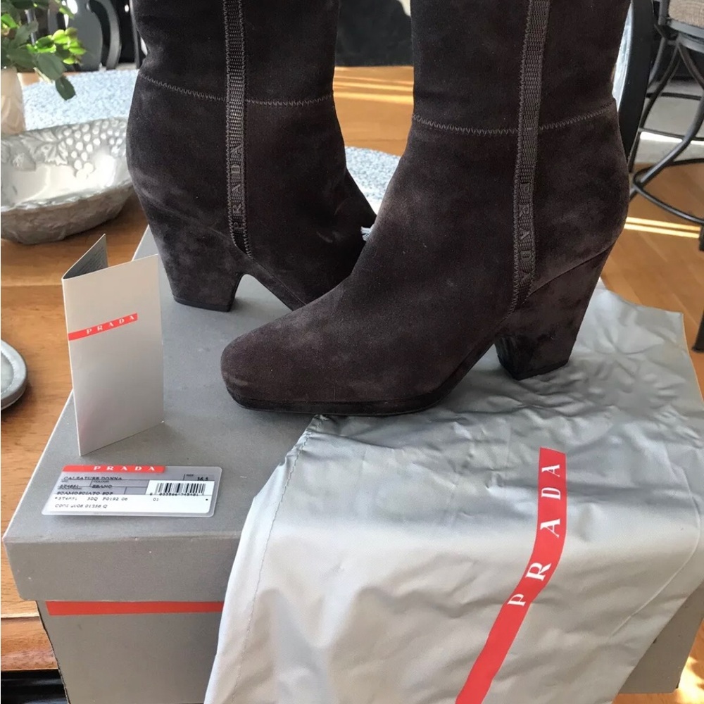 Prada 36.5 Brown Suede Heeled Boots New with tag and box